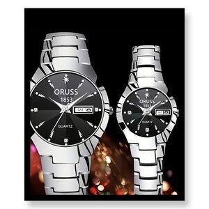 ORUSS Silver and Black Quartz Watch Set